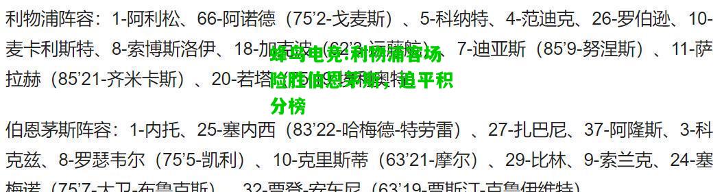 蜂鸟电竞:利物浦客场险胜伯恩茅斯，追平积分榜